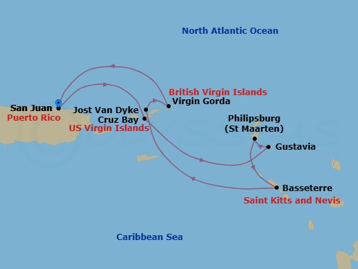 7 Night - San Juan & the Virgin Islands - Star Legend - Starting in San Juan, Cruz Bay, St John VI, Gustavia, St Barthelemy, Philipsburg, St Maarten, Basseterre, St Kitts, Great Harbour, Jost Van Dyke, Virgin Gorda / Prickly Pear, San Juan itinerary map