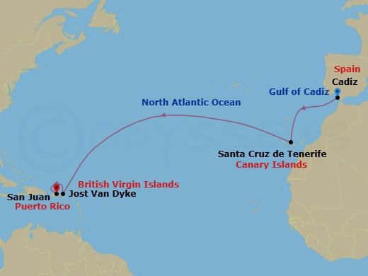 14 Night - Ocean Crossing - Star Legend - Starting in Cadiz, Santa Cruz de Tenerife, Great Harbour, Jost Van Dyke, San Juan itinerary map