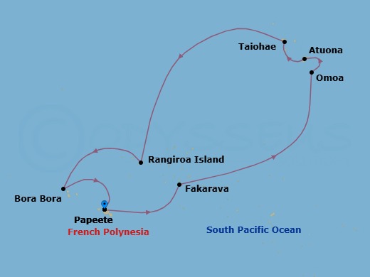 11 Night - Far Flung French Polynesia and Marquesas Magic - Star Breeze - Starting in Papeete, Tahiti, Fakarava, Tuamotu, Omoa, Fatu Hiva, Marquesas Islands, Atuona, Hiva Oa, Marquesas Islands, Taiohae, Nuku Hiva, Marquesas Islands, Rangiroa, Bora Bora, Papeete, Tahiti itinerary map