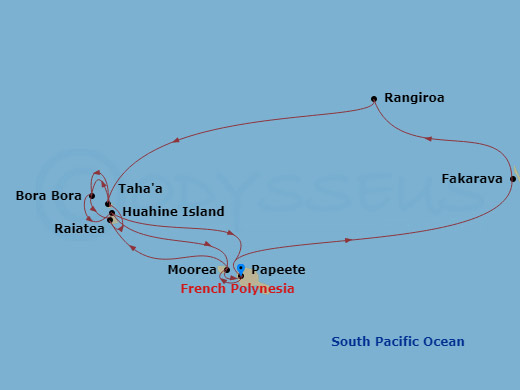 17 Night - Star Collector : Twice the Tahiti - Star Breeze - Starting in Papeete, Tahiti, Fakarava, Tuamotu, Rangiroa, Motu Mahaea, Near Tahaa, Bora Bora, Huahine, Moorea, Papeete, Tahiti, Moorea, Raiatea, Motu Mahaea, Near Tahaa, Bora Bora, Huahine, Papeete, Tahiti itinerary map