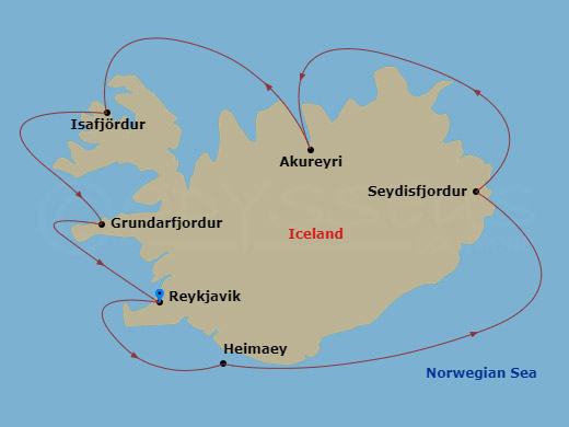 7 Night - Around Iceland - Star Pride - Starting in Reykjavik, Heimaey Island, Seydisfjordur, Akureyri, Isafjordur, Grundarfjordur, Reykjavik itinerary map