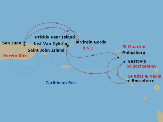 7 Night - San Juan & the Virgin Islands - Star Pride - Starting in San Juan, Cruz Bay, St John VI, Gustavia, St Barthelemy, Basseterre, St Kitts, Philipsburg, St Maarten, Great Harbour, Jost Van Dyke, Virgin Gorda / Prickly Pear, San Juan itinerary map
