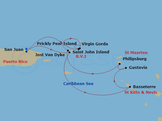 7 Night - San Juan & the Virgin Islands - Star Pride - Starting in San Juan, Cruz Bay, St John VI, Basseterre, St Kitts, Gustavia, St Barthelemy, Philipsburg, St Maarten, Great Harbour, Jost Van Dyke, Virgin Gorda / Prickly Pear, San Juan itinerary map