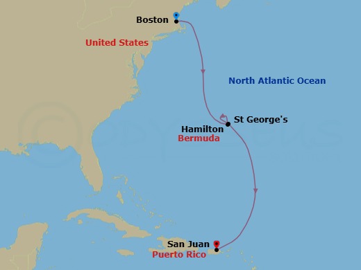 8 Night - Mind, Body and Spirit Collection : Bermuda Bliss - Star Pride - Starting in Boston, Ma, Hamilton, St Georges, Bermuda, San Juan itinerary map