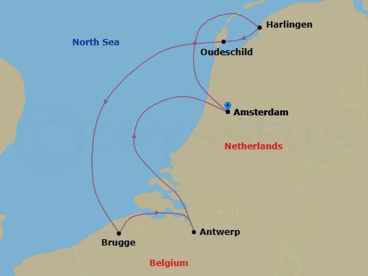 7 Night - Tulip Season in Holland & Belgium - Star Pride - Starting in Amsterdam, Harlingen, Oudeschild / Texel, Oostende, Bruges, Antwerp, Cruising Scheldt River, Amsterdam itinerary map