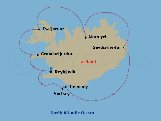 7 Night - Around Iceland - Star Pride - Starting in Reykjavik, Grundarfjordur, Isafjordur, Akureyri, Seydisfjordur, Heimaey Island, Scenic Cruising Surtsey Island, Reykjavik itinerary map
