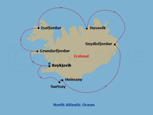 7 Night - Around Iceland - Star Pride - Starting in Reykjavik, Grundarfjordur, Isafjordur, Husavik, Seydisfjordur, Heimaey Island, Scenic Cruising Surtsey Island, Reykjavik itinerary map