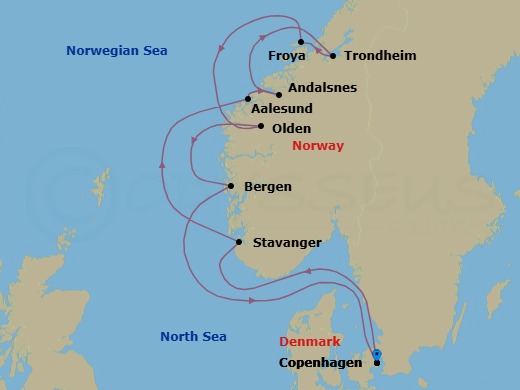 10 Night - Endless Days in Norway - Star Pride - Starting in Copenhagen, Stavanger, Alesund, Andalsnes, Trondheim, Froya / Sistranda Liggeka, Olden / Loen, Bergen, Copenhagen itinerary map
