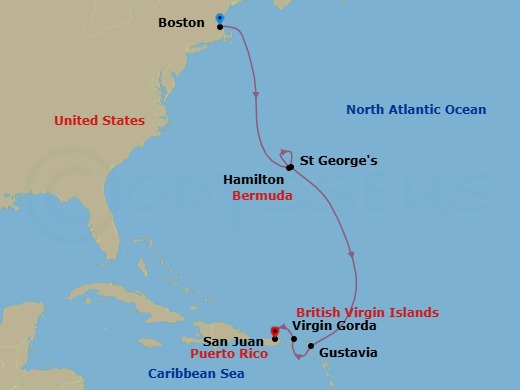 10 Night - Bermuda Bliss - Star Pride - Starting in Boston, Ma, Hamilton, St Georges, Bermuda, Gustavia, St Barthelemy, Virgin Gorda / Prickly Pear, San Juan itinerary map