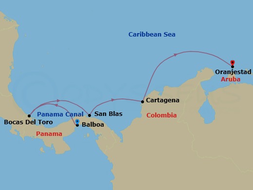 7 Night - Panama Canal, Cartagena, San Blas Islands & More - Star Pride - Starting in Fuerte Amador, Panama City, Panama Canal Transit, Bocas del Toro, San Blas Islands, Panama, Cartagena CO, Oranjestad, Aruba itinerary map