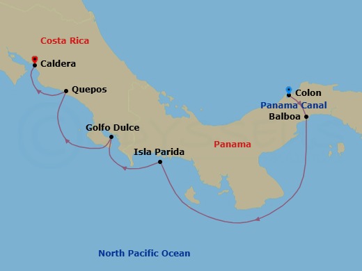 7 Night - Costa Rica & Panama Canal - Star Pride - Starting in Colon, Panama Canal Transit, Fuerte Amador, Panama City, Isla Partida, Puerto Jimenez, Golfo Dulce, Quepos, Manuel Antonio National Park, Puerto Caldera, San Jose itinerary map