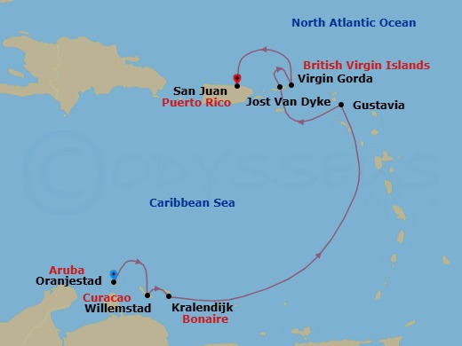 7 Night - Island Trails : Aruba to the Virgin Islands - Star Pride - Starting in Oranjestad, Aruba, Willemstad AN, Curacao, Kralendijk, Bonaire, Gustavia, St Barthelemy, Great Harbour, Jost Van Dyke, Virgin Gorda / Prickly Pear, San Juan itinerary map