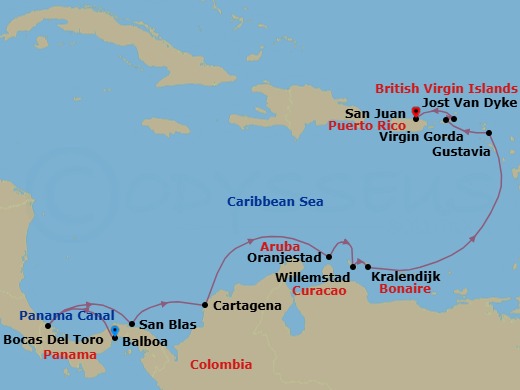 14 Night - Star Collector : Panama, Aruba & the British Virgin Islands - Star Pride - Starting in Fuerte Amador, Panama City, Panama Canal Transit, Bocas del Toro, San Blas Islands, Panama, Cartagena CO, Oranjestad, Aruba, Willemstad AN, Curacao, Kralendijk, Bonaire, Gustavia, St Barthelemy, Great Harbour, Jost Van Dyke, Virgin Gorda / Prickly Pear, San Juan itinerary map