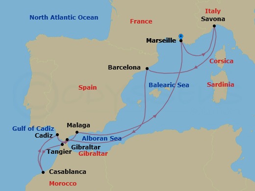 10 Night - Western Mediterranean from Marseille - Costa Fascinosa - Starting in Marseille, Savona, Barcelona, Gibraltar, Tangier, Casablanca, Cadiz, Malaga, Marseille itinerary map