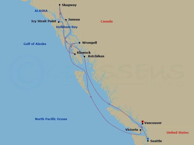 11 Night - Alaskan Dreamscapes - Oceania Riviera - Starting in Seattle, Ketchikan, Icy Strait Point (Hoonah), Skagway, Cruising Holkham Bay Glacier Fjords, Juneau, Klawock, Wrangell, Victoria CA, Vancouver itinerary map