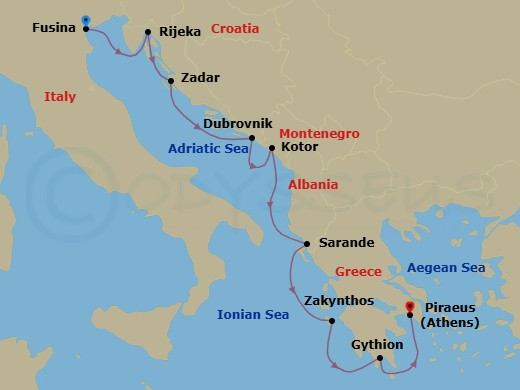 10 Night - Grecian Myths - Seven Seas Navigator - Starting in Venice (Fusina), Rijeka, Cruising the Mediterranean Sea, Zadar, Dubrovnik, Croatia, Kotor, Sarande, Cruising the Ionian Sea, Zakynthos, Gythion, Athens (Piraeus) itinerary map