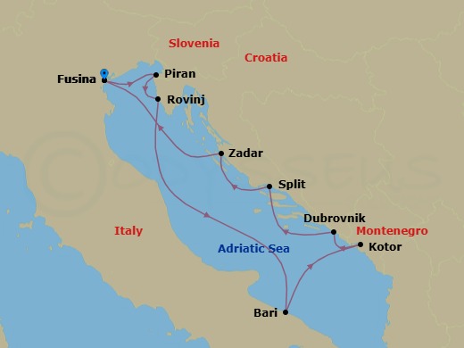 9 Night - Fusina to Fusina - Silver Spirit - Starting in Fusina (Venice), Piran, Rovinj, Bari, Kotor, Dubrovnik, Croatia, Split, Zadar, Fusina (Venice) itinerary map