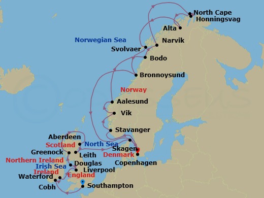 28 Night - Europe from Southampton to Copenhagen - Silver Spirit - Starting in Southampton, Cobh, Waterford, Liverpool, Isle of Man, Greenock, Aberdeen, Edinburgh, Skagen, Copenhagen, Stavanger, Vik, Alesund, Bodo, Narvik, Honningsvag, Along North Cape, Alta, Svolvaer, Bronnoysund, Copenhagen itinerary map