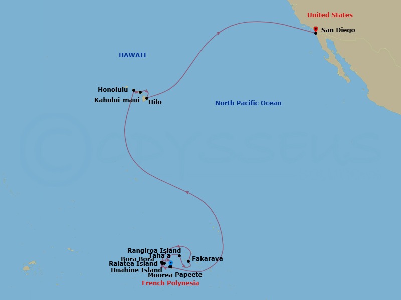 27 Night - Cruise from Papeete to San Diego - Silver Whisper - Starting in Papeete, Moorea Island, Raiatea, Motu Tahaa, Raiatea, Huahine, Rangiroa, Fakarava, Bora Bora, Motu Tapu, Bora Bora, Papeete, Honolulu, Kahului, Hilo, San Diego itinerary map