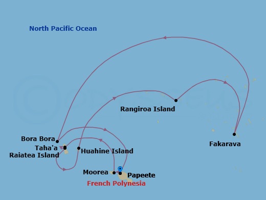 10 Night - Papeete to Papeete - Silver Whisper - Starting in Papeete (Tahiti), Moorea Island, Motu Tahaa, Raiatea, Huahine, Rangiroa, Fakarava, Tuamotu Archipelago, Bora Bora (Society Islands), Motu Tapu (Bora Bora), Bora Bora (Society Islands), Papeete (Tahiti) itinerary map