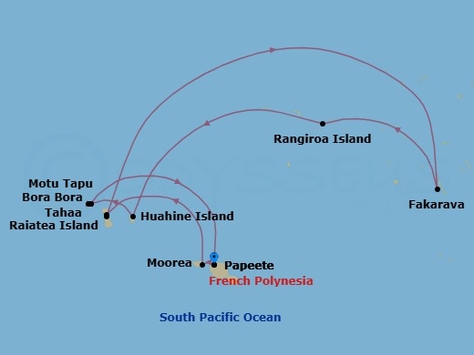 11 Night - Papeete to Papeete - Silver Whisper - Starting in Papeete (Tahiti), Moorea Island, Motu Tahaa, Raiatea, Fakarava, Tuamotu Archipelago, Rangiroa, Huahine, Bora Bora (Society Islands), Motu Tapu (Bora Bora), Bora Bora (Society Islands), Papeete (Tahiti) itinerary map