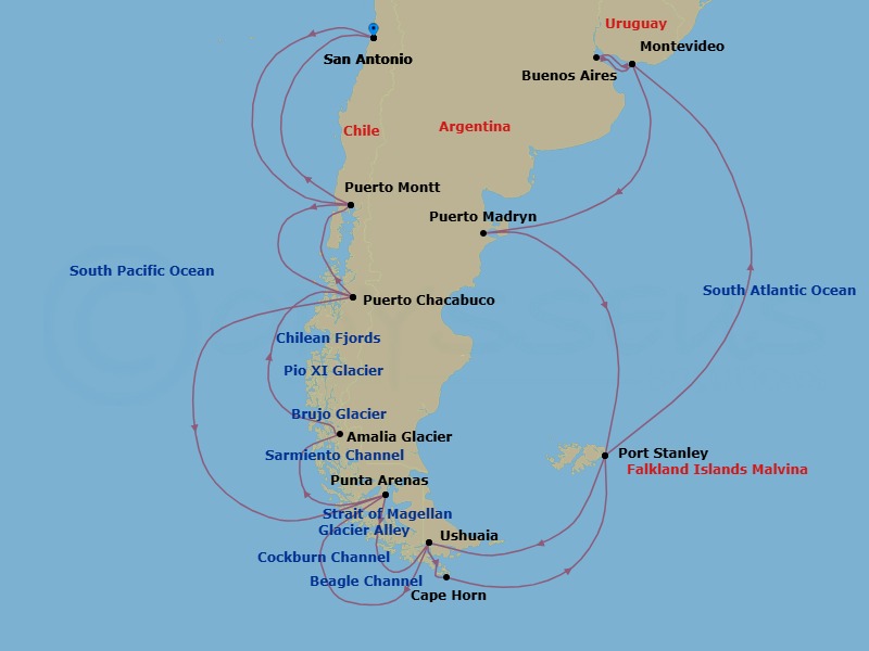 37 Night - South America Pathways & Antarctica Holiday - Nieuw Amsterdam - Starting in San Antonio CL (Santiago), Chile, Puerto Montt, Chile, Puerto Chacabuco, Chile, Cruising Chilean Fjords, Pio XI Glacier (Bruggen Glacier), Chile, Scenic cruising Sarmiento Channel, Strait of Magellan, Punta Arenas, Chile, Cockburn Channel, Beagle Channel, Daylight cruising Glacier Alley, Ushuaia, Argentina, Scenic Cruising Cape Horn, Port Stanley, Falkland Islands, Montevideo, Uruguay, Buenos Aires, Argentina, Montevideo, Uruguay, Puerto Madryn, Argentina, Port Stanley, Falkland Islands, Antarctic, Drake Passage and Cape Horn, Ushuaia, Argentina, Daylight cruising Glacier Alley, Beagle Channel, Punta Arenas, Chile, Strait of Magellan, Scenic cruising Sarmiento Channel, Scenic cruising Amalia or Brujo Glacier, Cruising Chilean Fjords, Puerto Chacabuco, Chile, Puerto Montt, Chile, San Antonio CL (Santiago), Chile itinerary map