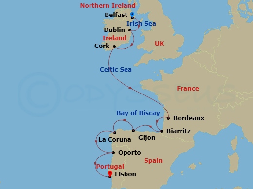 10 Night - Ireland to Iberia Traveler - Oceania Marina - Starting in Belfast, Dublin (Dun Laoghaire), Cork (Cobh), Bordeaux (Le Verdon), Bordeaux, Biarritz (Saint-Jean-De-Luz), Gijon, Spain, La Coruna, Oporto, Lisbon itinerary map