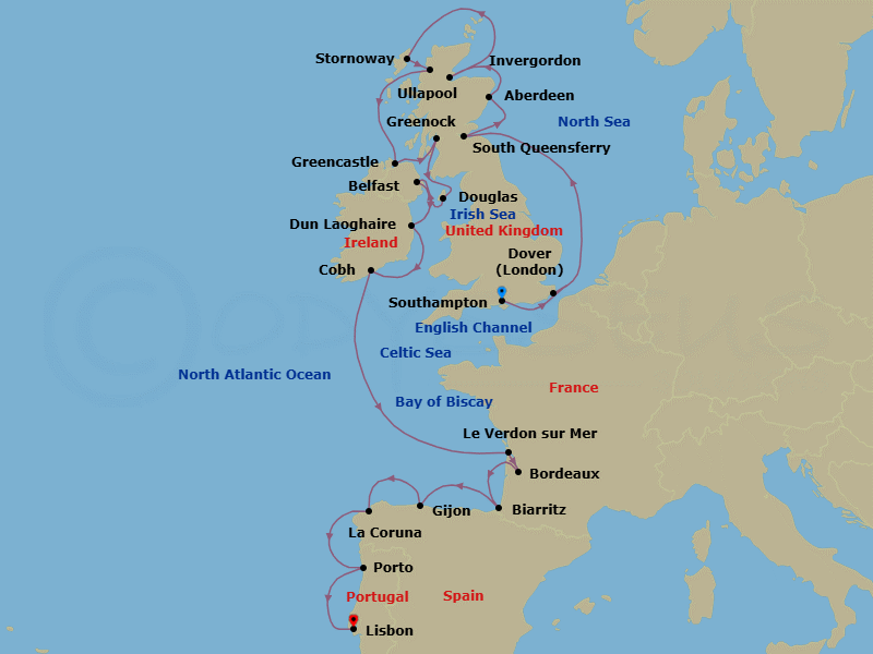 21 Night - Western Europe Charms - Oceania Marina - Starting in London (Southampton), London (Dover UK), Edinburgh (South Queensferry), Aberdeen, Invergordon, United Kingdom, Stornoway (Hebrides), Ullapool, Greencastle, Glasgow (Greenock), Douglas, Belfast, Dublin (Dun Laoghaire), Cork (Cobh), Bordeaux (Le Verdon), Bordeaux, Biarritz (Saint-Jean-De-Luz), Gijon, Spain, La Coruna, Oporto, Lisbon itinerary map