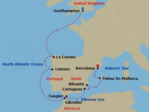 12 Night - Spain, Portugal, Morocco and Gibraltar - Queen Elizabeth - Starting in Southampton, England, UK, La Coruna (tours to Santiago de Compostela), Spain, Leixoes (tours to Porto), Portugal, Gibraltar, Tangier, Morocco, Cartagena ES, Alicante, Spain, Palma De Mallorca, Spain, Barcelona, Spain itinerary map
