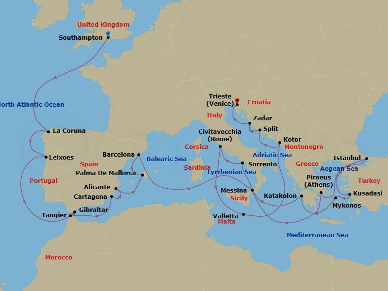 33 Night - Mediterranean, Greek Islands and Adriatic - Queen Elizabeth - Starting in Southampton, England, UK, La Coruna (tours to Santiago de Compostela), Spain, Leixoes (tours to Porto), Portugal, Gibraltar, Tangier, Morocco, Cartagena ES, Alicante, Spain, Palma De Mallorca, Spain, Barcelona, Spain, Messina Strait, Italy (Transit), Messina, Sicily, Italy, Piraeus (tours to Athens), Greece, Dardanelles Strait, Turkey (Transit), Istanbul, Turkey, Dardanelles Strait, Turkey (Transit), Kusadasi (tours to Ephesus), Turkey, Mykonos, Greece, Katakolon (tours to Olympia), Greece, Messina Strait, Italy (Transit), Sorrento (tours to Capri or Pompeii), Italy, Civitavecchia (tours to Rome), Italy, Valletta, Malta, Kotor, Montenegro, Split, Croatia, Zadar, Croatia, Trieste, Italy itinerary map