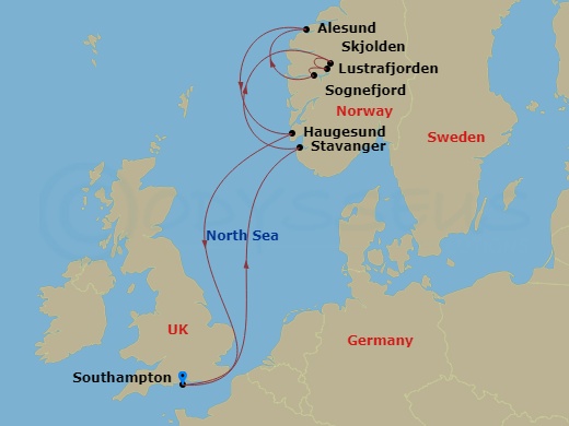 7 Night - Norwegian Fjords - Queen Elizabeth - Starting in Southampton, England, UK, Stavanger, Norway, Skjolden, Norway, Lustrafjorden, Norway (Scenic Cruising), Sognefjord, Norway (Scenic Cruising), Alesund, Norway, Haugesund, Norway, Southampton, England, UK itinerary map