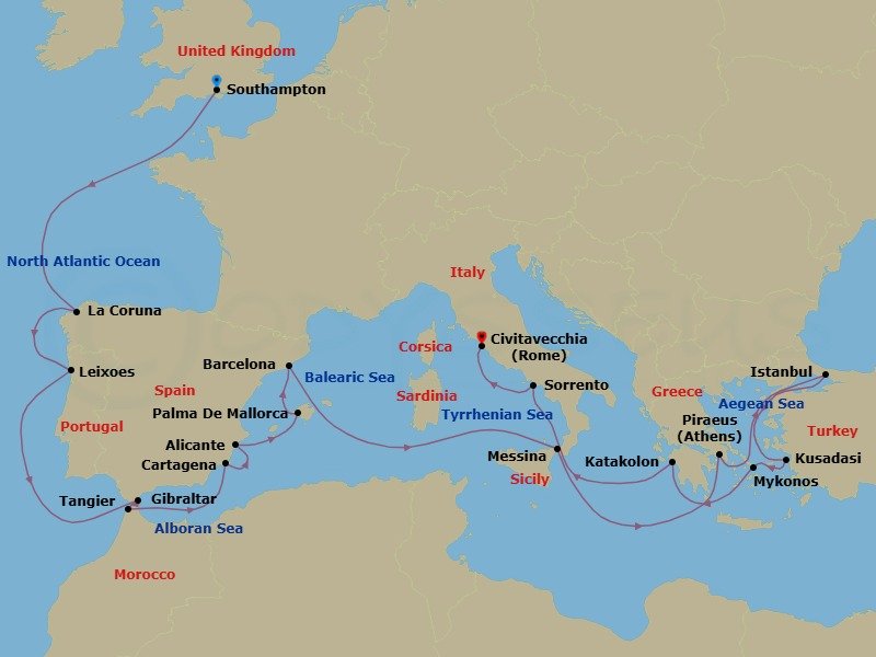 26 Night - Mediterranean and Greek Islands - Queen Elizabeth - Starting in Southampton, England, UK, La Coruna (tours to Santiago de Compostela), Spain, Leixoes (tours to Porto), Portugal, Gibraltar, Tangier, Morocco, Cartagena ES, Alicante, Spain, Palma De Mallorca, Spain, Barcelona, Spain, Messina Strait, Italy (Transit), Messina, Sicily, Italy, Piraeus (tours to Athens), Greece, Dardanelles Strait, Turkey (Transit), Istanbul, Turkey, Dardanelles Strait, Turkey (Transit), Kusadasi (tours to Ephesus), Turkey, Mykonos, Greece, Katakolon (tours to Olympia), Greece, Messina Strait, Italy (Transit), Sorrento (tours to Capri or Pompeii), Italy, Civitavecchia (tours to Rome), Italy itinerary map