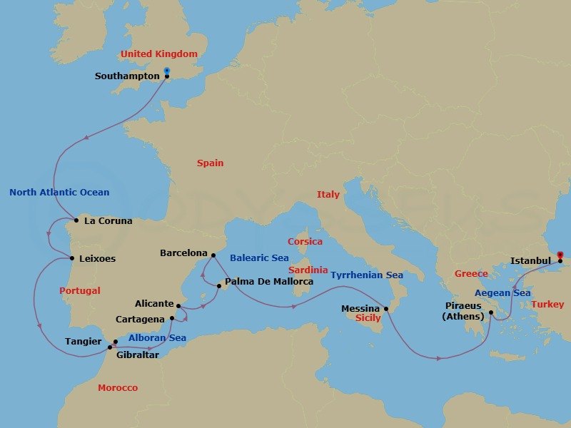 19 Night - Mediterranean and Greek Islands - Queen Elizabeth - Starting in Southampton, England, UK, La Coruna (tours to Santiago de Compostela), Spain, Leixoes (tours to Porto), Portugal, Gibraltar, Tangier, Morocco, Cartagena ES, Alicante, Spain, Palma De Mallorca, Spain, Barcelona, Spain, Messina Strait, Italy (Transit), Messina, Sicily, Italy, Piraeus (tours to Athens), Greece, Dardanelles Strait, Turkey (Transit), Istanbul, Turkey itinerary map