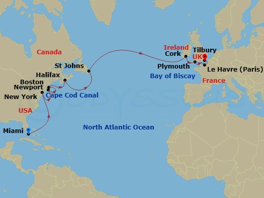 18 Night - Transatlantic Cruise : New York, Canada & London - Azamara Quest - Starting in Miami, Florida, New York City, New York, Newport, Rhode Island, Cape Cod Canal Cruising, Boston, Massachusetts, Halifax, Nova Scotia, St Johns NF, Newfoundland, Cork (Cobh), Plymouth, England, Le Havre, London (Tilbury), England itinerary map