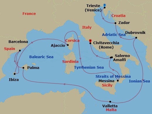14 Night - Adriatic and Western Mediterranean - Queen Victoria - Starting in Trieste, Italy, Zadar, Croatia, Dubrovnik, Croatia, Valletta, Malta, Palma De Mallorca, Spain, Barcelona, Spain, Ibiza, Spain, Ajaccio, Corsica, France, Messina Strait, Italy (Transit), Messina, Sicily, Italy, Salerno (tours to Capri or Pompeii), Italy, Amalfi Coast Sail By, IT, Civitavecchia (tours to Rome), Italy itinerary map