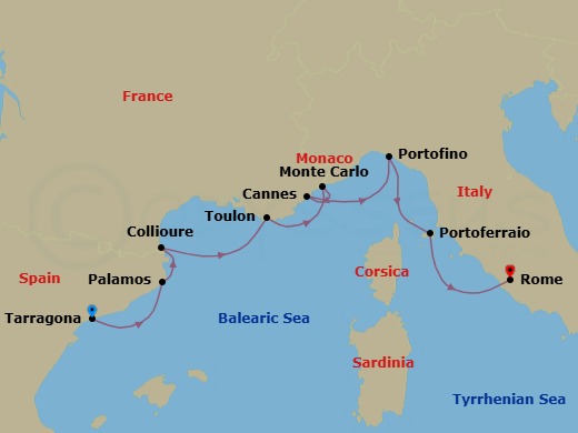 8 Night - Yachtsman's Harbors of the Rivieras - Wind Surf - Starting in Tarragona (Barcelona), Palamos, Collioure, Toulon, Monte Carlo, Cannes, Portofino, Portoferraio, Civitavecchia, Rome itinerary map