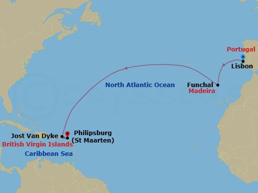 15 Night - Ocean Crossing - Wind Surf - Starting in Lisbon, Funchal, Madeira, Great Harbour, Jost Van Dyke, Philipsburg, St Maarten itinerary map