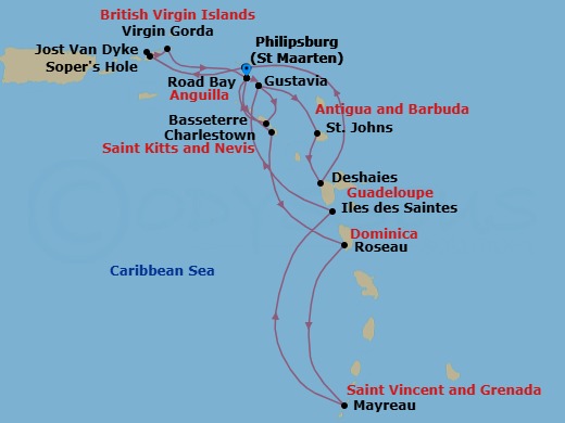 15 Night - Star Collector : Caribbean Explorations - Wind Surf - Starting in Philipsburg, St Maarten, Gustavia, St Barthelemy, St Johns AG, Antigua, Deshaies, Road Bay, Anguilla, Sopers Hole, Tortola, Great Harbour, Jost Van Dyke, Virgin Gorda / Prickly Pear, Philipsburg, St Maarten, Charlestown, Roseau, Dominica, Mayreau, Les Saintes, Guadeloupe, Gustavia, St Barthelemy, Basseterre, St Kitts, Philipsburg, St Maarten itinerary map