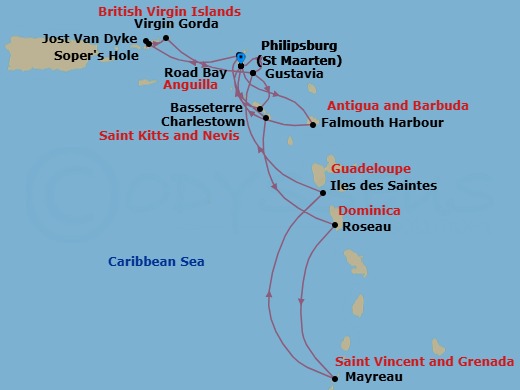 14 Night - Star Collector : Caribbean Explorations - Wind Surf - Starting in Philipsburg, St Maarten, Charlestown, Roseau, Dominica, Mayreau, Les Saintes, Guadeloupe, Gustavia, St Barthelemy, Basseterre, St Kitts, Philipsburg, St Maarten, Falmouth Harbour, Antigua, Road Bay, Anguilla, Sopers Hole, Tortola, Great Harbour, Jost Van Dyke, Virgin Gorda / Prickly Pear, Gustavia, St Barthelemy, Philipsburg, St Maarten itinerary map
