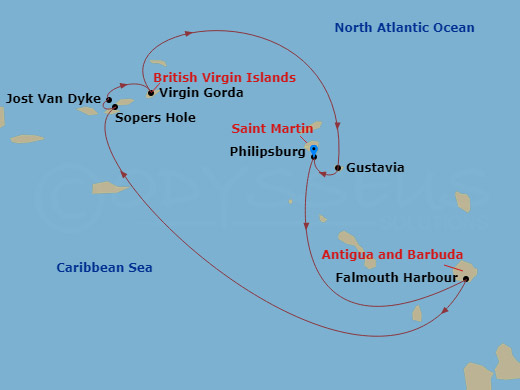 7 Night - Beach Fun & Sun : a Remote Caribbean Getaway - Wind Surf - Starting in Philipsburg, St Maarten, Falmouth Harbour, Antigua, Road Bay, Anguilla, Sopers Hole, Tortola, Great Harbour, Jost Van Dyke, Virgin Gorda / Prickly Pear, Gustavia, St Barthelemy, Philipsburg, St Maarten itinerary map
