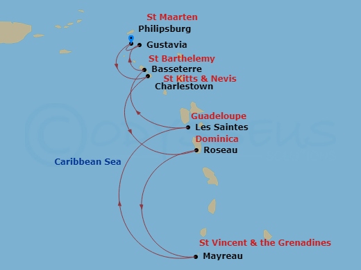 7 Night - Classic Caribbean - Wind Surf - Starting in Philipsburg, St Maarten, Charlestown, Roseau, Dominica, Mayreau, Les Saintes, Guadeloupe, Basseterre, St Kitts, Gustavia, St Barthelemy, Philipsburg, St Maarten itinerary map