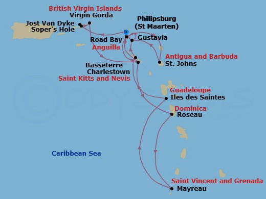 15 Night - Star Collector : Caribbean Explorations - Wind Surf - Starting in Philipsburg, St Maarten, Charlestown, Roseau, Dominica, Mayreau, Les Saintes, Guadeloupe, Basseterre, St Kitts, Gustavia, St Barthelemy, Philipsburg, St Maarten, St Johns AG, Antigua, Gustavia, St Barthelemy, Road Bay, Anguilla, Sopers Hole, Tortola, Great Harbour, Jost Van Dyke, Virgin Gorda / Prickly Pear, Charlestown, Philipsburg, St Maarten itinerary map