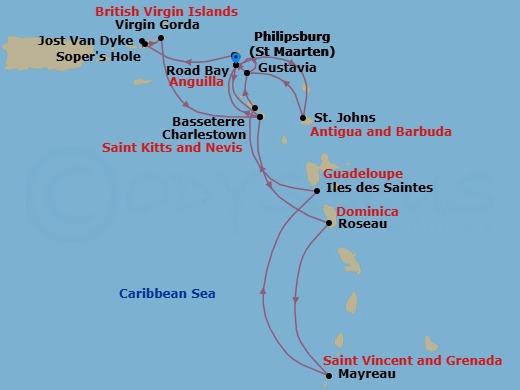 15 Night - Star Collector : Caribbean Explorations - Wind Surf - Starting in Philipsburg, St Maarten, St Johns AG, Antigua, Gustavia, St Barthelemy, Road Bay, Anguilla, Sopers Hole, Tortola, Great Harbour, Jost Van Dyke, Virgin Gorda / Prickly Pear, Charlestown, Philipsburg, St Maarten, Charlestown, Roseau, Dominica, Mayreau, Les Saintes, Guadeloupe, Basseterre, St Kitts, Gustavia, St Barthelemy, Philipsburg, St Maarten itinerary map