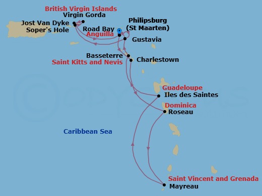 13 Night - Star Collector : Caribbean Explorations - Wind Surf - Starting in Philipsburg, St Maarten, Charlestown, Roseau, Dominica, Mayreau, Les Saintes, Guadeloupe, Basseterre, St Kitts, Gustavia, St Barthelemy, Philipsburg, St Maarten, Road Bay, Anguilla, Gustavia, St Barthelemy, Great Harbour, Jost Van Dyke, Virgin Gorda / Prickly Pear, Sopers Hole, Tortola, Philipsburg, St Maarten itinerary map