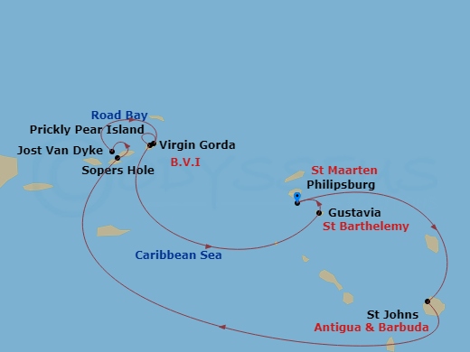 7 Night - Beach Fun & Sun : a Remote Caribbean Getaway - Wind Surf - Starting in Philipsburg, St Maarten, St Johns AG, Antigua, Road Bay, Anguilla, Sopers Hole, Tortola, Great Harbour, Jost Van Dyke, Virgin Gorda / Prickly Pear, Gustavia, St Barthelemy, Philipsburg, St Maarten itinerary map