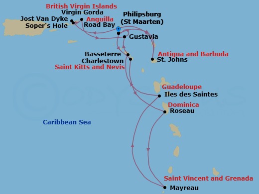14 Night - Star Collector : Caribbean Explorations - Wind Surf - Starting in Philipsburg, St Maarten, St Johns AG, Antigua, Road Bay, Anguilla, Sopers Hole, Tortola, Great Harbour, Jost Van Dyke, Virgin Gorda / Prickly Pear, Gustavia, St Barthelemy, Philipsburg, St Maarten, Charlestown, Roseau, Dominica, Mayreau, Les Saintes, Guadeloupe, Basseterre, St Kitts, Gustavia, St Barthelemy, Philipsburg, St Maarten itinerary map