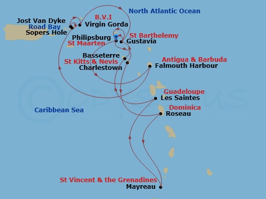 14 Night - Star Collector : Caribbean Explorations - Wind Surf - Starting in Philipsburg, St Maarten, Charlestown, Roseau, Dominica, Mayreau, Les Saintes, Guadeloupe, Basseterre, St Kitts, Gustavia, St Barthelemy, Philipsburg, St Maarten, Falmouth Harbour, Antigua, Road Bay, Anguilla, Sopers Hole, Tortola, Great Harbour, Jost Van Dyke, Virgin Gorda / Prickly Pear, Gustavia, St Barthelemy, Philipsburg, St Maarten itinerary map