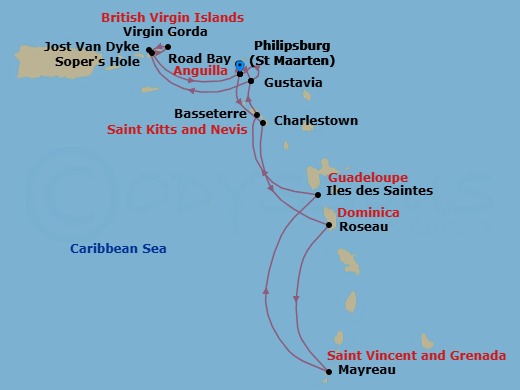 13 Night - Star Collector : Caribbean Explorations - Wind Surf - Starting in Philipsburg, St Maarten, Road Bay, Anguilla, Gustavia, St Barthelemy, Great Harbour, Jost Van Dyke, Virgin Gorda / Prickly Pear, Sopers Hole, Tortola, Philipsburg, St Maarten, Charlestown, Roseau, Dominica, Mayreau, Les Saintes, Guadeloupe, Basseterre, St Kitts, Gustavia, St Barthelemy, Philipsburg, St Maarten itinerary map