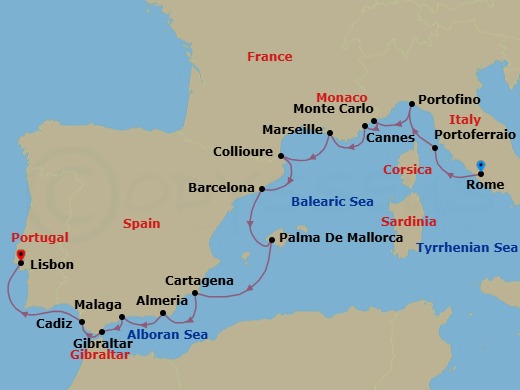 15 Night - Star Collector : Enchantment of the Western Med - Wind Surf - Starting in Civitavecchia, Rome, Portoferraio, Portofino, Monte Carlo, Cannes, Marseille, Collioure, Barcelona, Palma De Mallorca, Cartagena ES, Almeria, Granada, Malaga, Gibraltar, Cadiz, Lisbon itinerary map