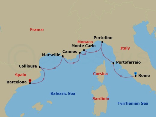 7 Night - Yachtsman's Harbors of the Rivieras - Wind Surf - Starting in Civitavecchia, Rome, Portoferraio, Portofino, Monte Carlo, Cannes, Marseille, Collioure, Barcelona itinerary map